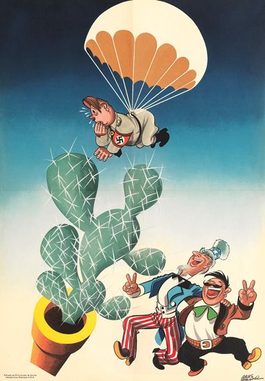 ARIAS BERNAL (1914-1960). [WORLD WAR II / LATIN AMERICAN PROPAGANDA.] Group of two posters. Circa 1941. Each approximately 20x14 inches